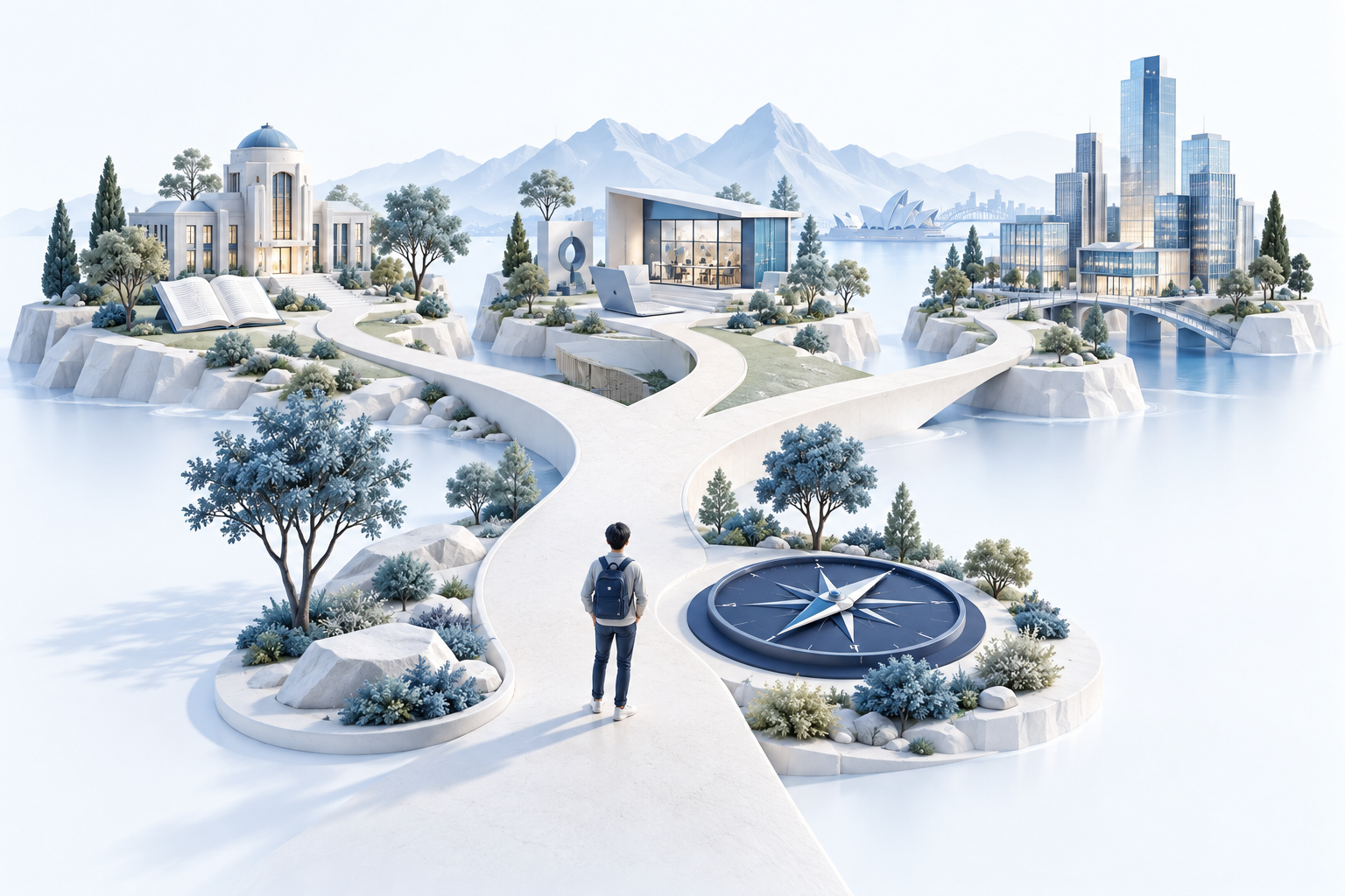 A student at a branching path leading to university, technology and future career opportunities.